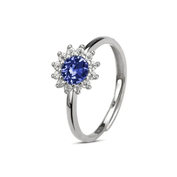 Anello a fiore con zircone blu zaffiro    