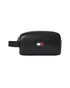 Beauty case nero in similpelle liscia con logo flag frontale e manico in gros-grain