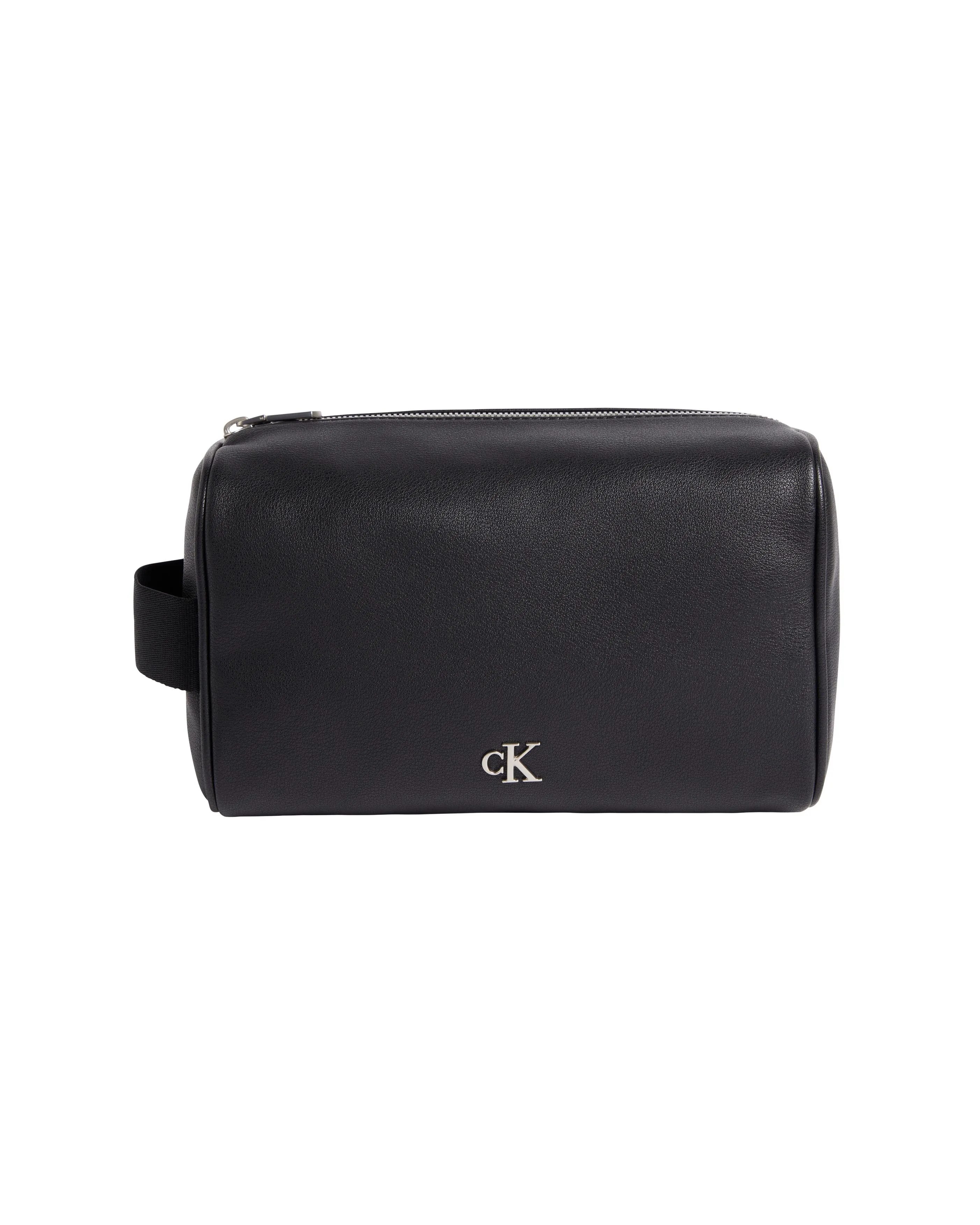Beauty case nero in similpelle martellata con placca logo monogramma in metallo