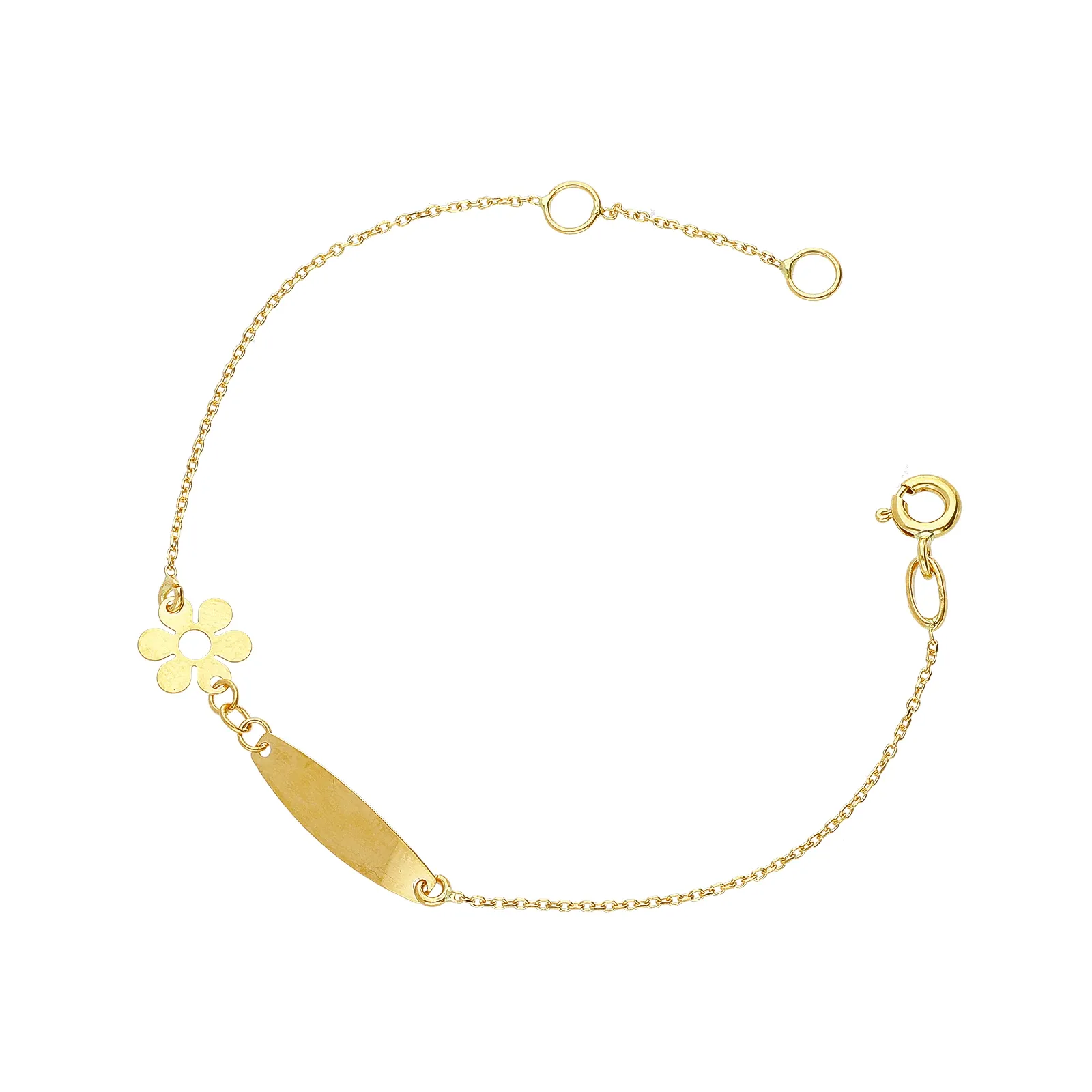 Bracciale in oro giallo 18k con piastrina e fiore, cm 13,5+2.