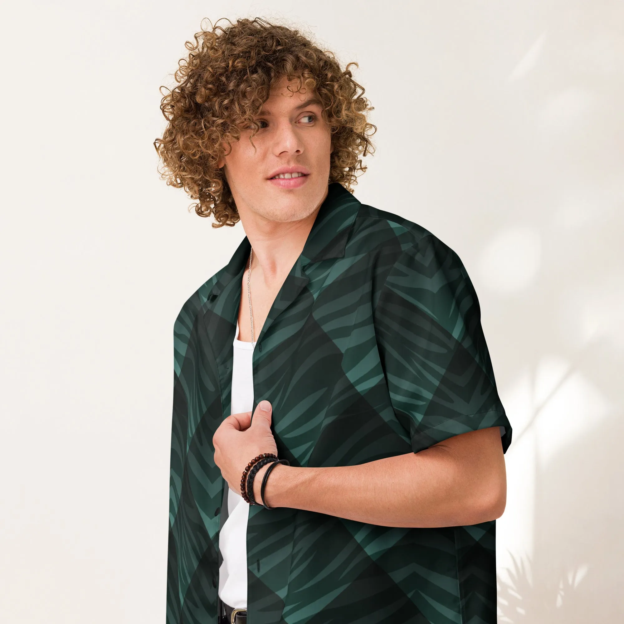 Camicia a maniche corte unisex con fantasia verde scuro