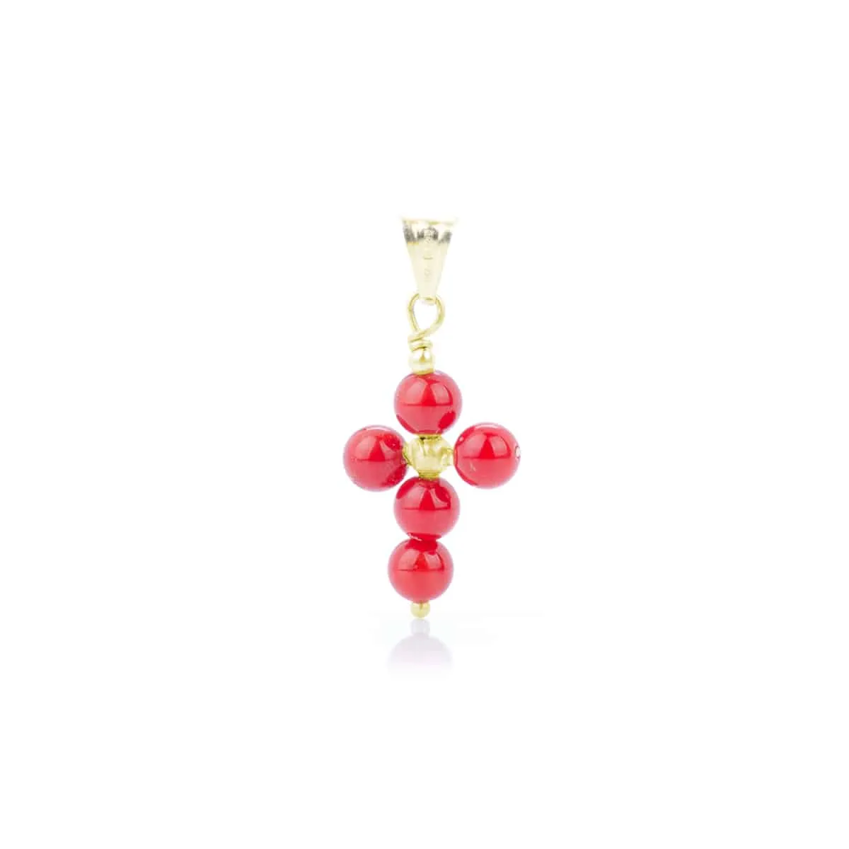 Ciondolo Croce con Pallini di Corallo Rosso in Oro 18 kt mis. Piccolo