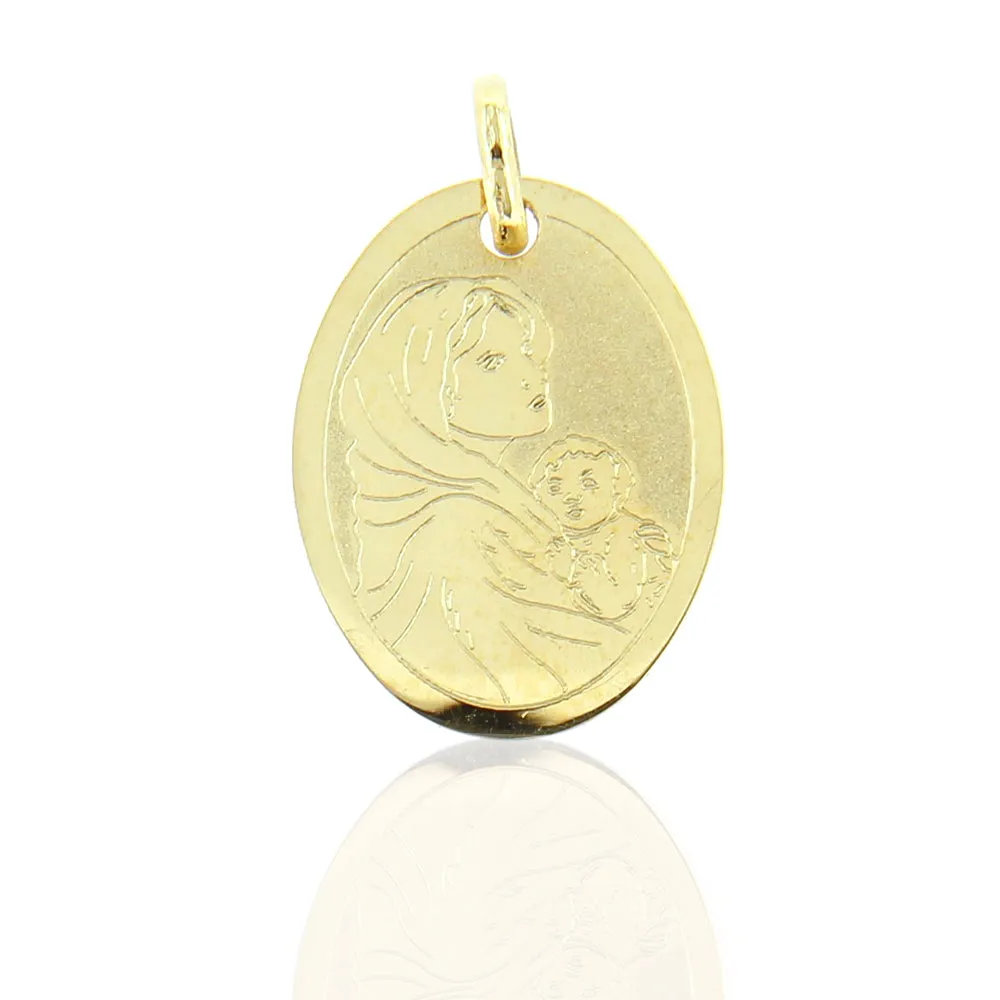 Ciondolo Medaglia Unisex Ovale Madonna con Bambino in Oro Giallo