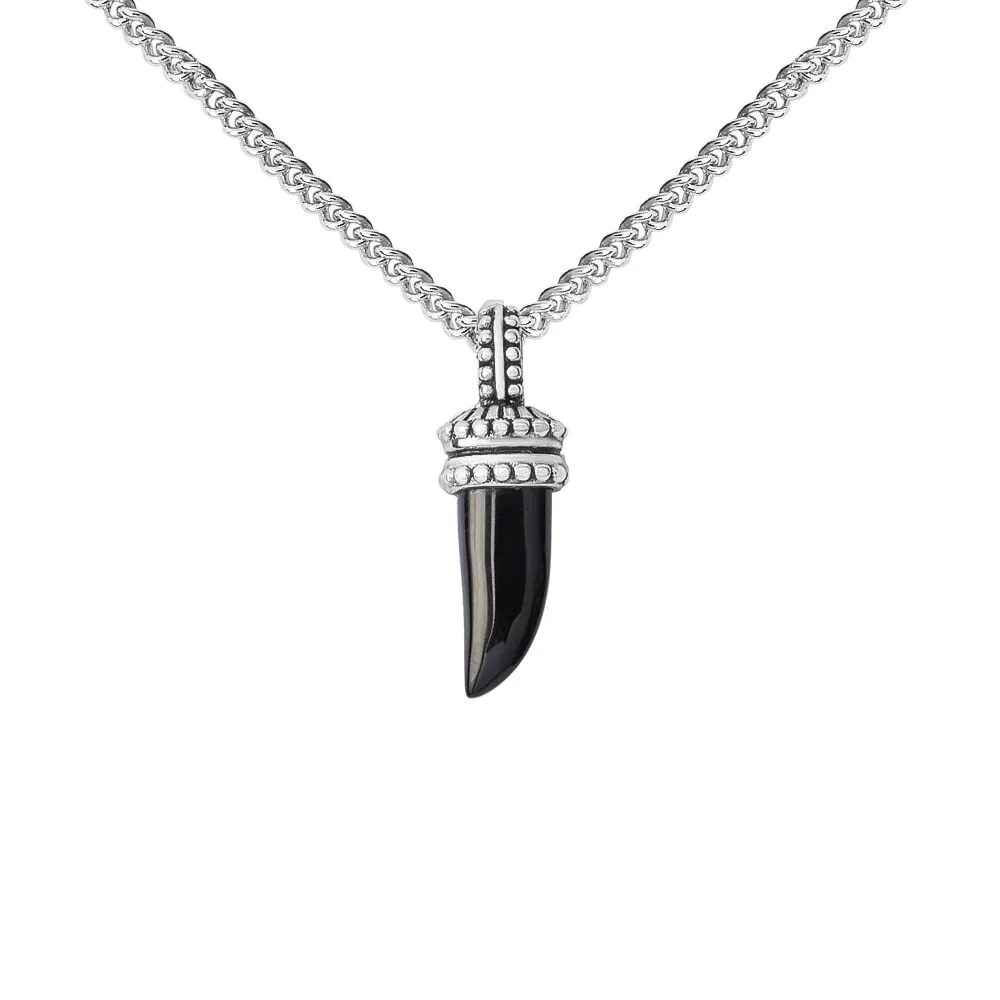 Collana Corno Dell’abbondanza Gentleman Argento Rodiato 925/1000 Maglia Groumette Agata Nero 55+5 cm 1688331