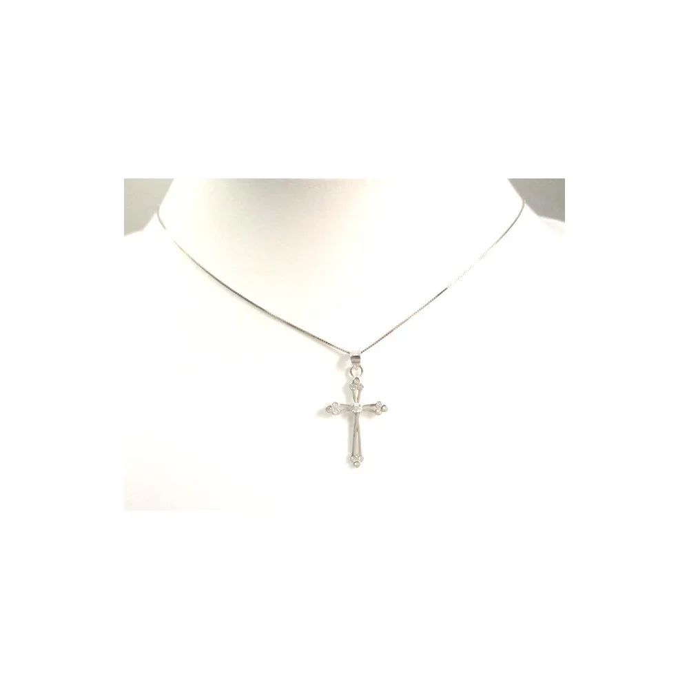 COLLANA CROCE IN ARGENTO RODIATO ORO BIANCO CON ZIRCONI BIANCHI TAGLIO BRILLANTE
