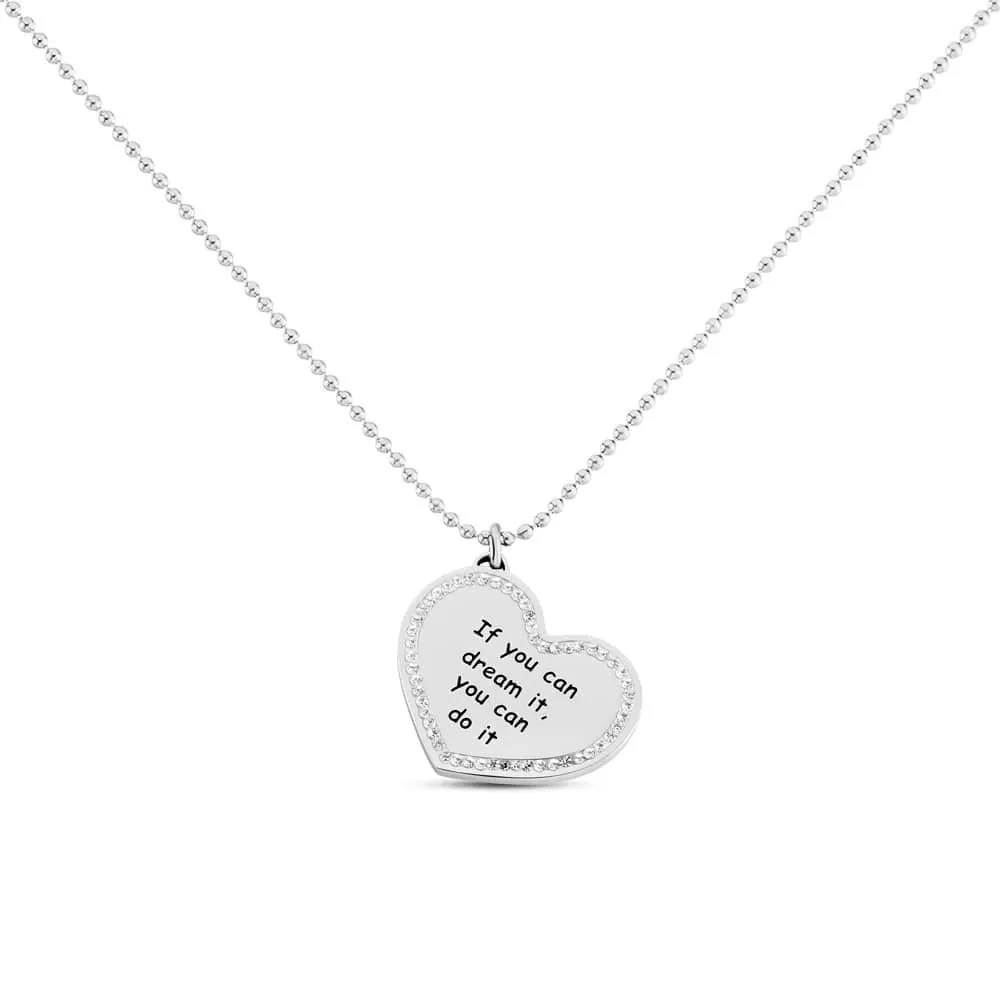 Collana Cuore Lady Message Acciaio Maglia Catena A Palline Cristallo Bianco 45 + 5 cm 1663138