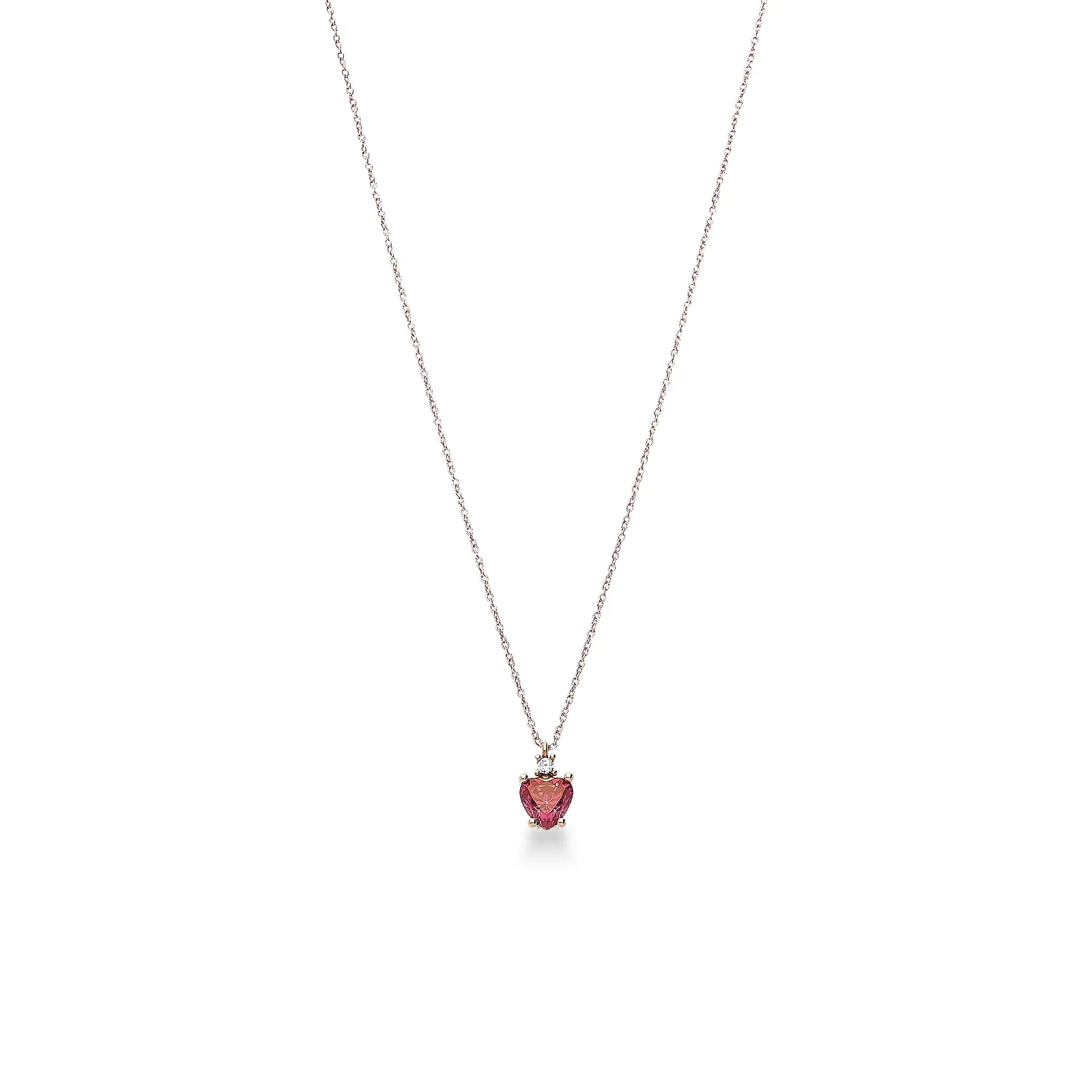 Collana in oro rosa 18k e pendente a cuore con zircone rosa e punto luce accanto alla chiusura
