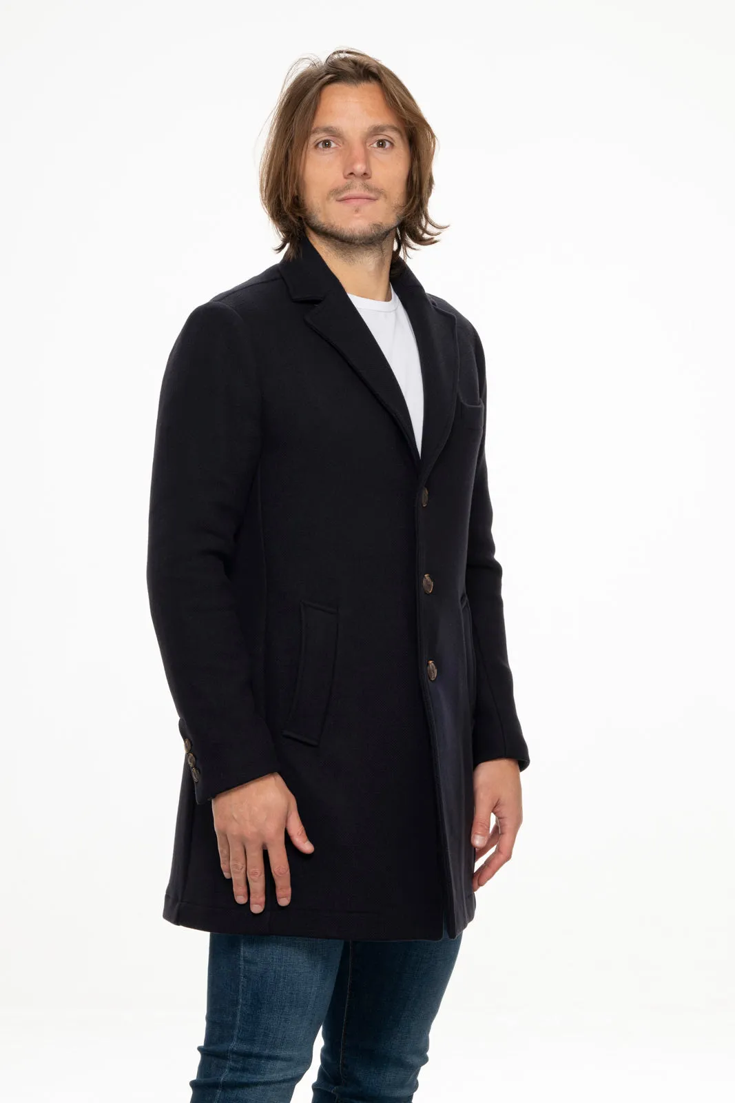  Elia Uomo Cappotto blu spinato casual in lana made in italy elia  