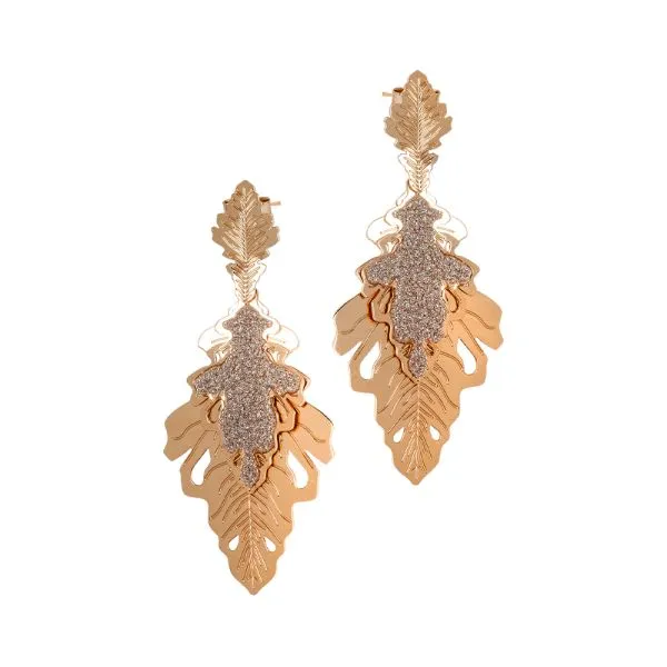 Orecchini placcati oro rosa con due foglie di quercia pendenti    
