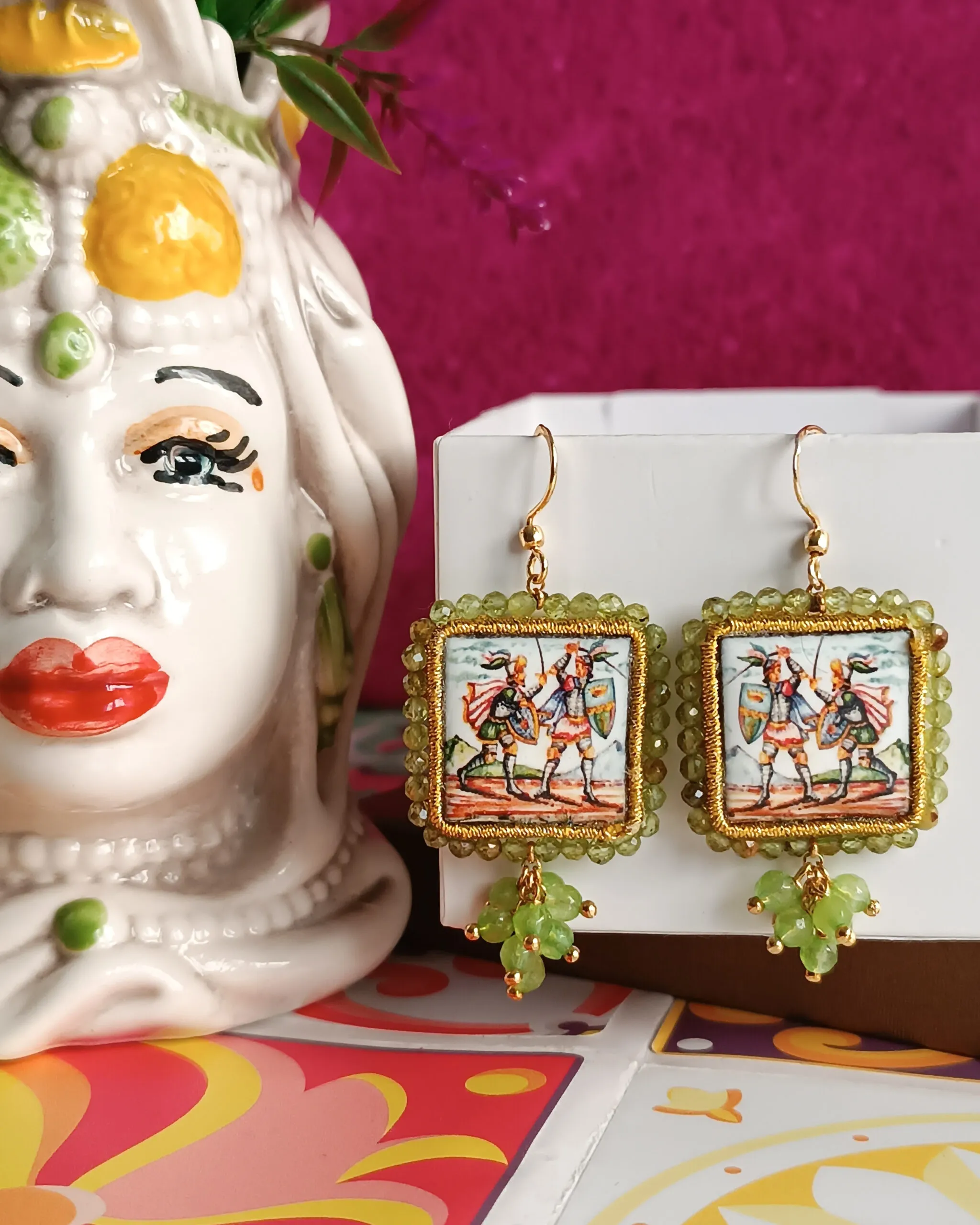 Orecchini Siciliani con Mattonelle in Ceramica di Caltagirone e Agata Verde