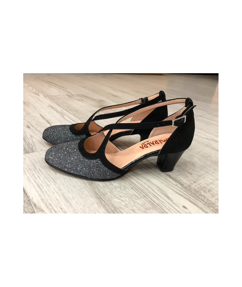 Scarpa elegante donna ESMERALDA  Laccio al collo201pelle nera e glitter  tacco 5 cuoio
