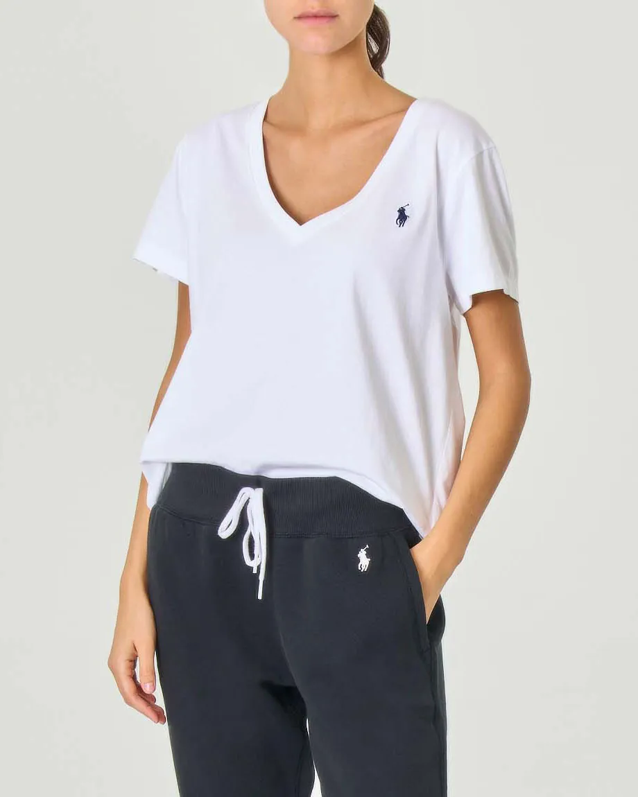 T-shirt bianca in cotone con scollo a V e logo nero ricamato