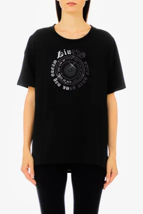 T-shirt nera da donna Liu Jo con logo strass bianco 4020